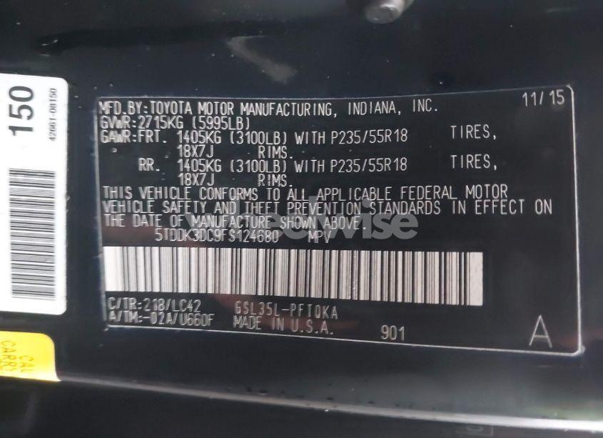 Photo 9 of 2015 Toyota Sienna XLE 7 PASSENGER (VIN 5TDDK3DC9FS124680)