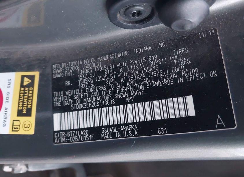 Photo 9 of 2012 Toyota Highlander LIMITED V6 (VIN 5TDDK3EH2CS113638)