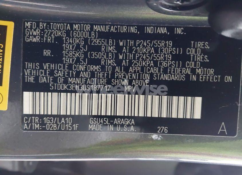 Photo 9 of 2013 Toyota Highlander LIMITED V6 (VIN 5TDDK3EH3DS187717)