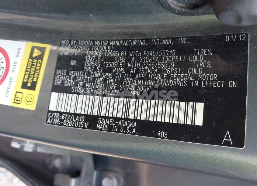 Photo 9 of 2012 Toyota Highlander LIMITED V6 (VIN 5TDDK3EH4CS122227)