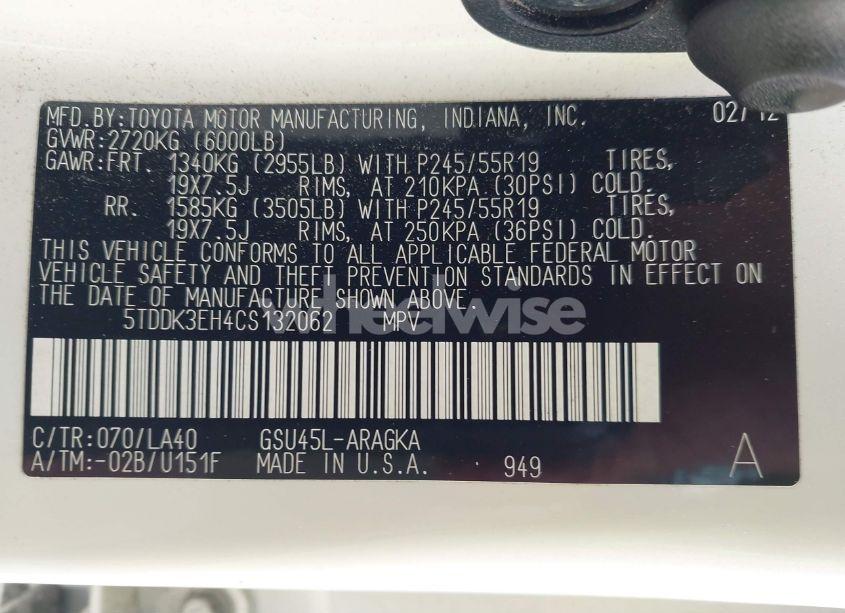 Photo 9 of 2012 Toyota Highlander LIMITED V6 (VIN 5TDDK3EH4CS132062)