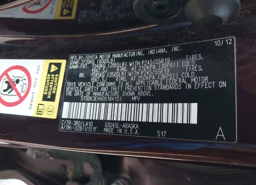 Photo 9 of 2013 Toyota Highlander LIMITED V6 (VIN 5TDDK3EH4DS184101)