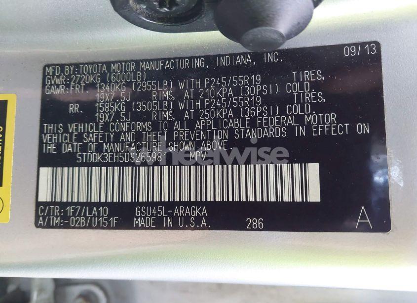 Photo 9 of 2013 Toyota Highlander LIMITED V6 (VIN 5TDDK3EH5DS265981)