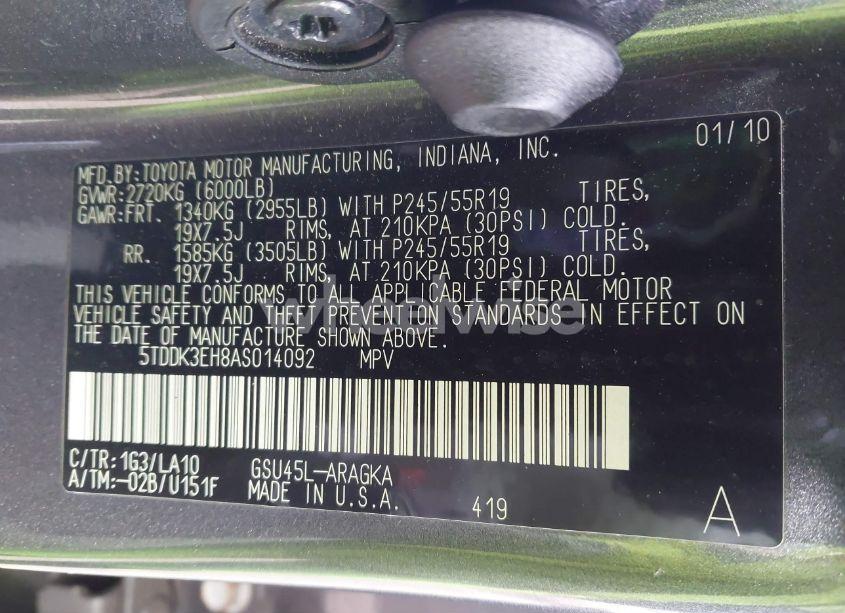 Photo 9 of 2010 Toyota Highlander LIMITED (VIN 5TDDK3EH8AS014092)