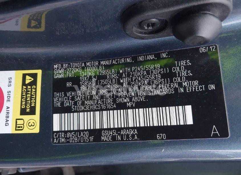 Photo 9 of 2012 Toyota Highlander LIMITED V6 (VIN 5TDDK3EH9CS161654)