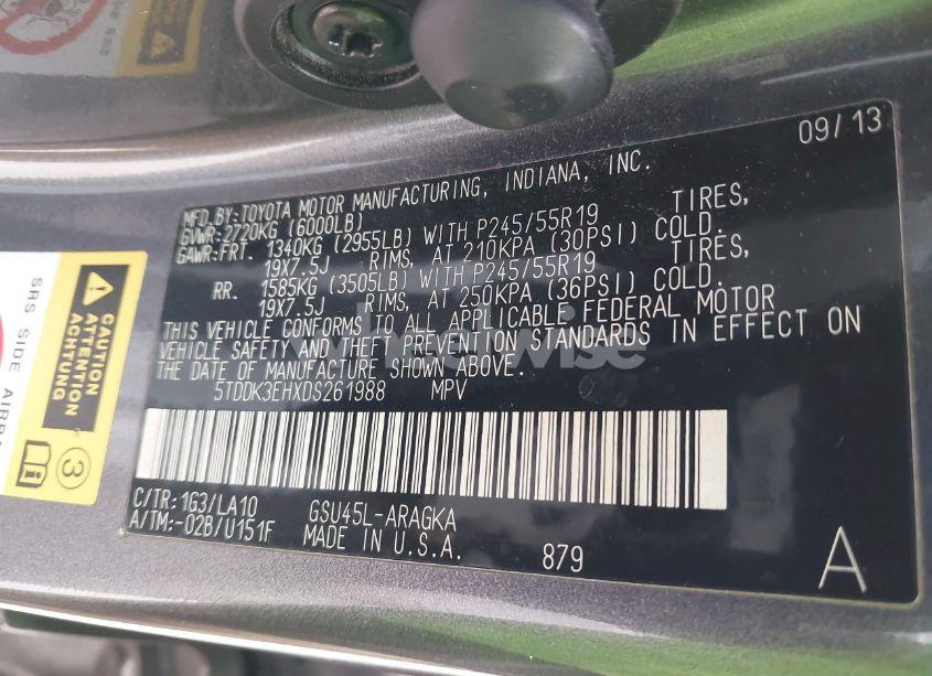 Photo 9 of 2013 Toyota Highlander LIMITED V6 (VIN 5TDDK3EHXDS261988)