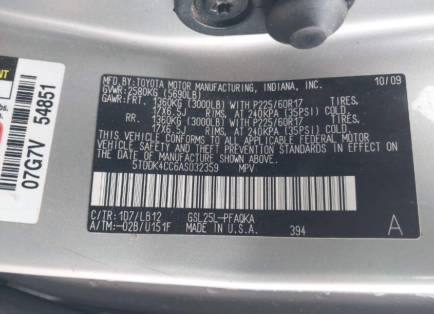 Photo 9 of 2010 Toyota Sienna XLE (VIN 5TDDK4CC6AS032359)