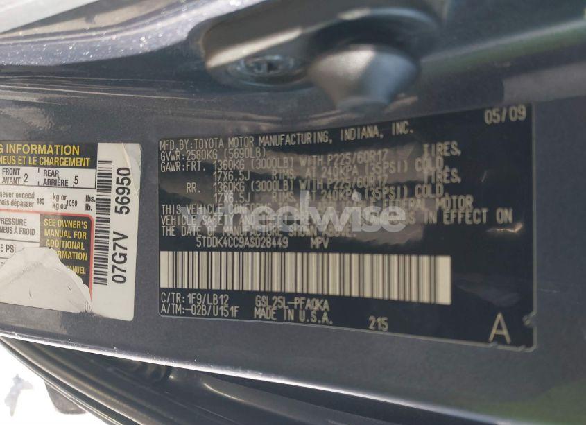Photo 9 of 2010 Toyota Sienna XLE (VIN 5TDDK4CC9AS028449)