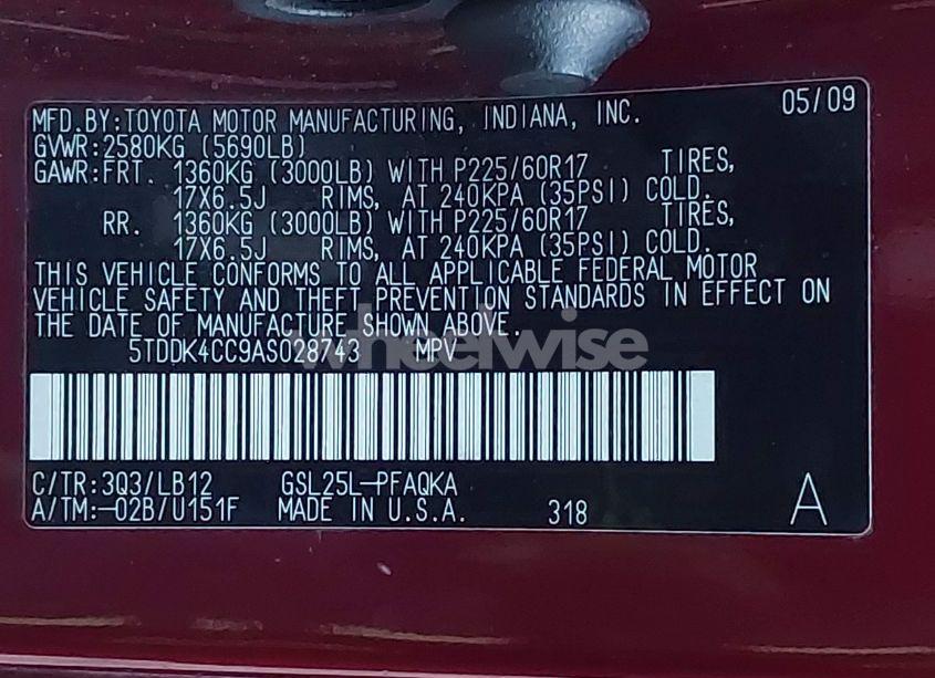 Photo 9 of 2010 Toyota Sienna LIMITED (VIN 5TDDK4CC9AS028743)