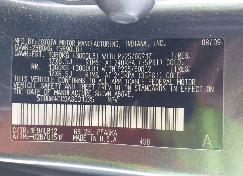 Photo 9 of 2010 Toyota Sienna LIMITED (VIN 5TDDK4CC9AS031335)