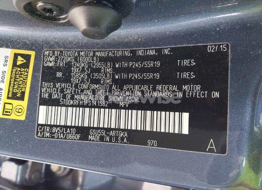 Photo 9 of 2015 Toyota Highlander LIMITED PLATINUM V6 (VIN 5TDDKRFH1FS141582)