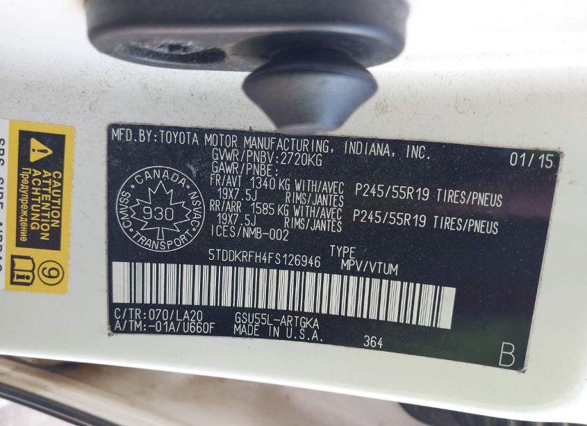 Photo 9 of 2015 Toyota Highlander LIMITED (VIN 5TDDKRFH4FS126946)