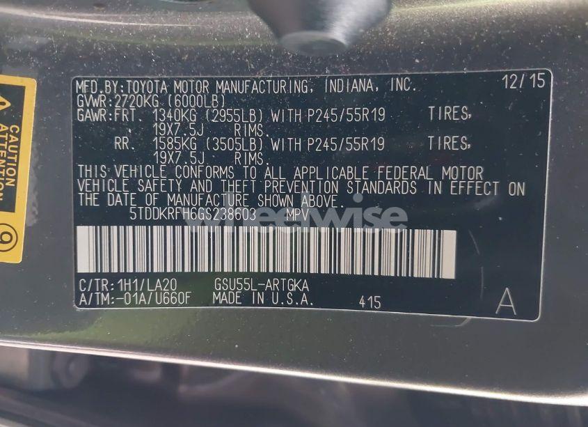 Photo 9 of 2016 Toyota Highlander LIMITED PLATINUM V6 (VIN 5TDDKRFH6GS238603)