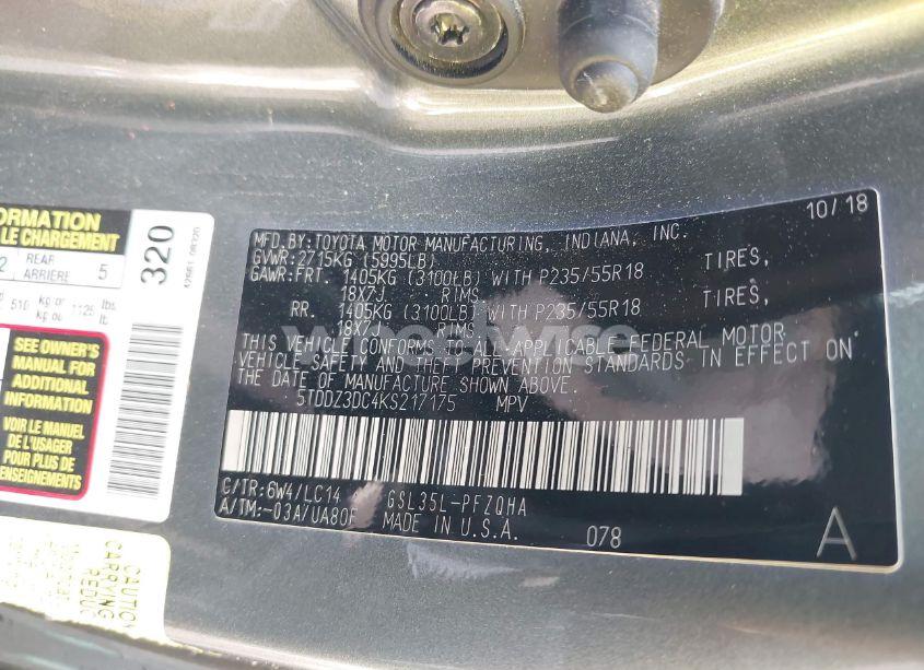 Photo 9 of 2019 Toyota Sienna XLE PREMIUM 7 PASSENGER (VIN 5TDDZ3DC4KS217175)