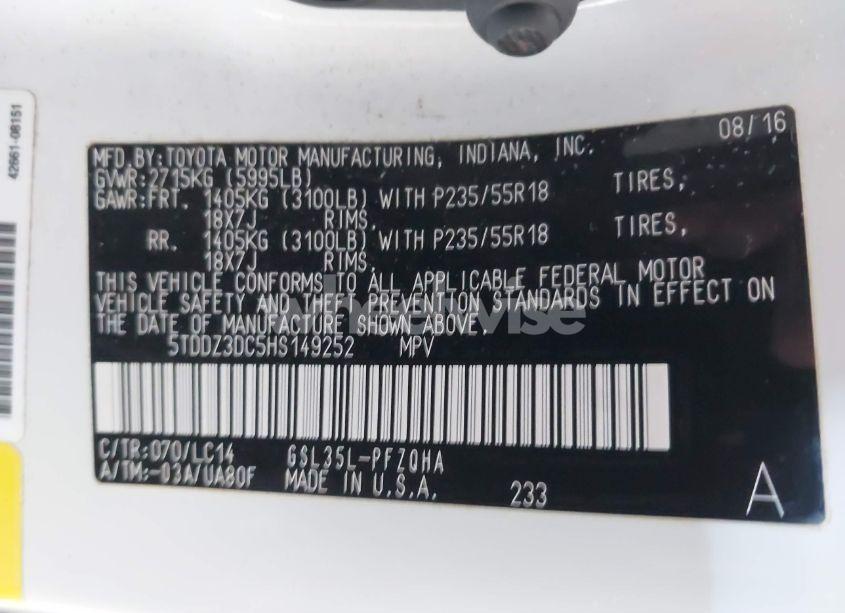 Photo 9 of 2017 Toyota Sienna XLE 7 PASSENGER (VIN 5TDDZ3DC5HS149252)