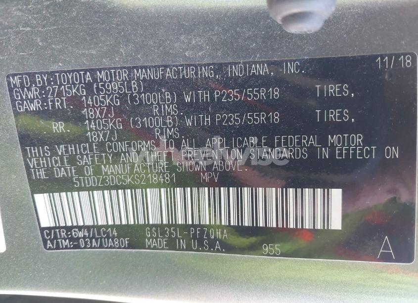 Photo 9 of 2019 Toyota Sienna XLE 7 PASSENGER (VIN 5TDDZ3DC5KS218481)