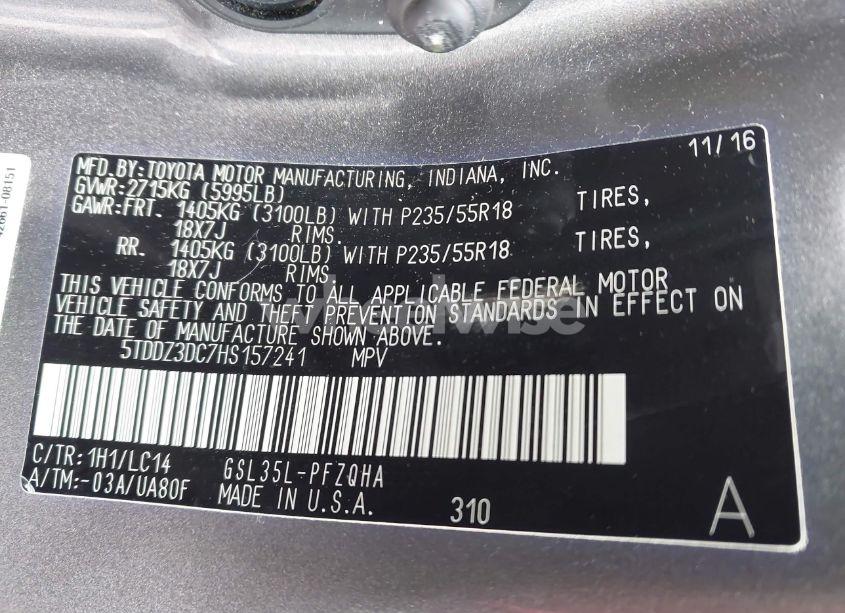 Photo 9 of 2017 Toyota Sienna XLE 7 PASSENGER (VIN 5TDDZ3DC7HS157241)