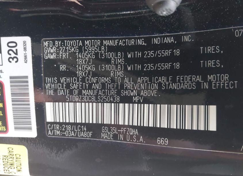 Photo 9 of 2020 Toyota Sienna XLE (VIN 5TDDZ3DC8LS250438)