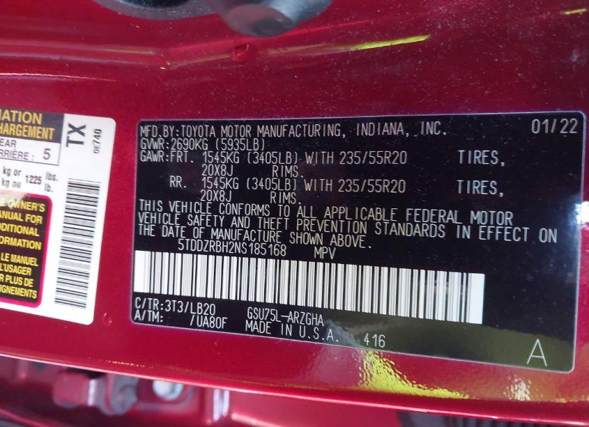 Photo 9 of 2022 Toyota Highlander LIMITED (VIN 5TDDZRBH2NS185168)