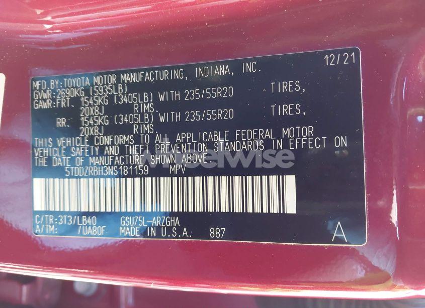 Photo 9 of 2022 Toyota Highlander LIMITED (VIN 5TDDZRBH3NS181159)