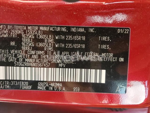 Photo 14 of 2022 TOYOTA HIGHLANDER XLE (VIN 5TDDZRBH3NS233907)