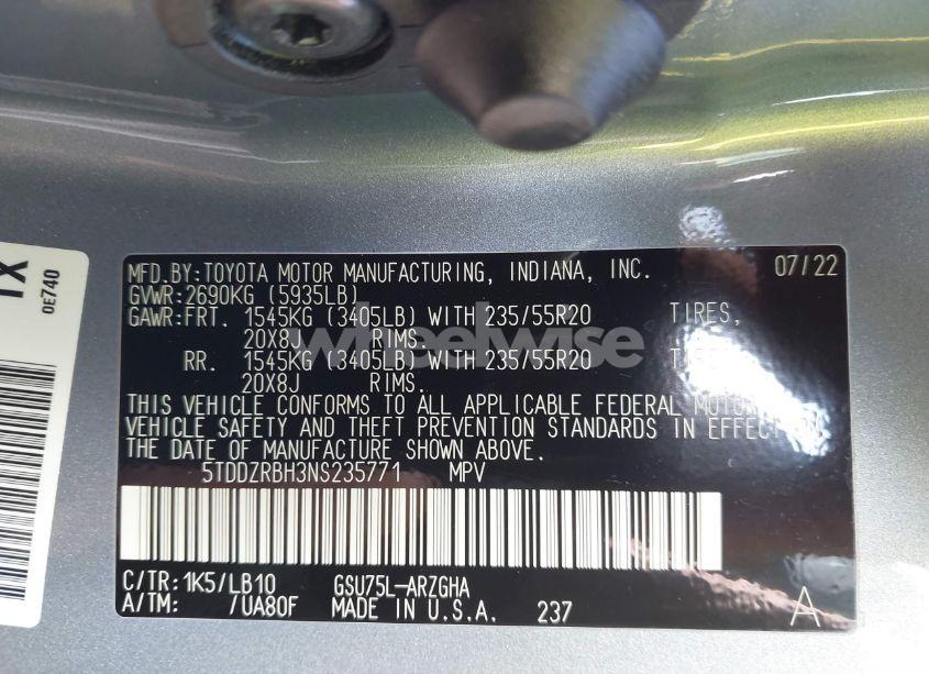 Photo 9 of 2022 Toyota Highlander LIMITED (VIN 5TDDZRBH3NS235771)