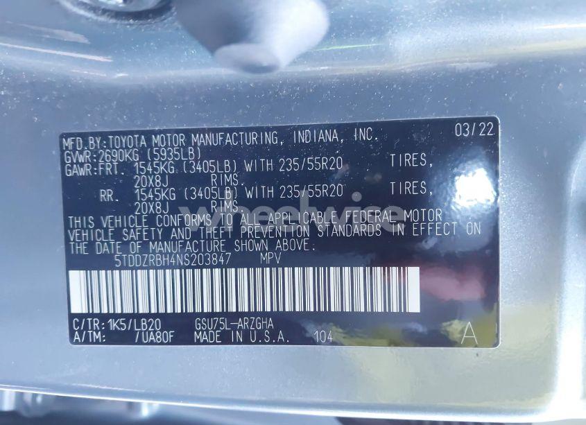 Photo 9 of 2022 Toyota Highlander LIMITED (VIN 5TDDZRBH4NS203847)