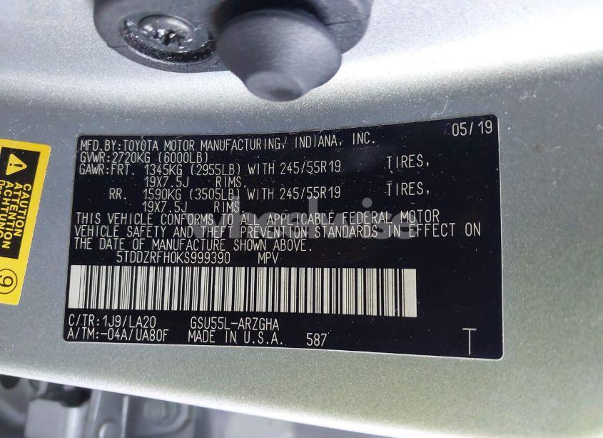 Photo 9 of 2019 Toyota Highlander LIMITED PLATINUM (VIN 5TDDZRFH0KS999390)