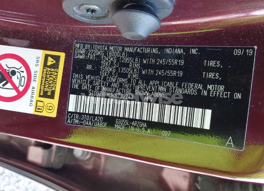 Photo 9 of 2019 Toyota Highlander LIMITED PLATINUM (VIN 5TDDZRFH1KS732243)