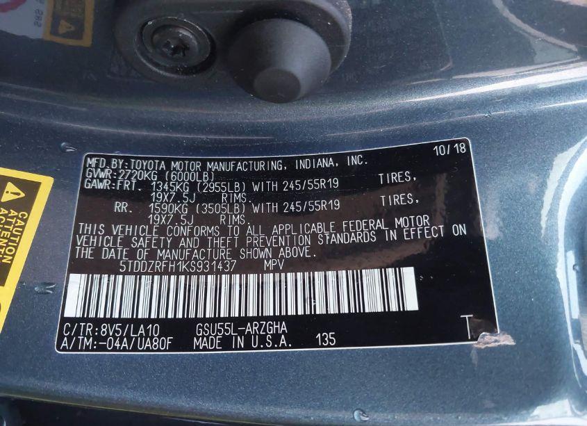 Photo 9 of 2019 Toyota Highlander LIMITED (VIN 5TDDZRFH1KS931437)