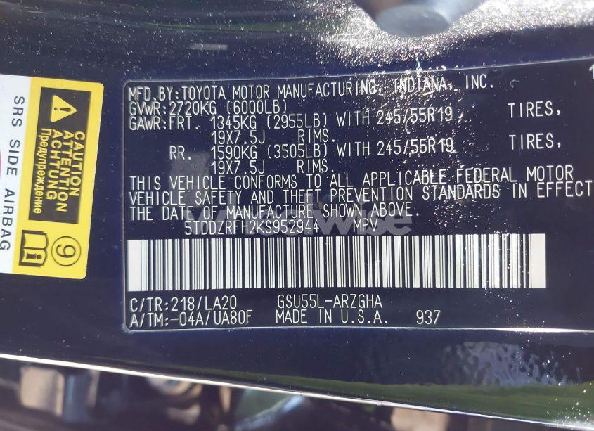 Photo 9 of 2019 Toyota Highlander LIMITED PLATINUM (VIN 5TDDZRFH2KS952944)