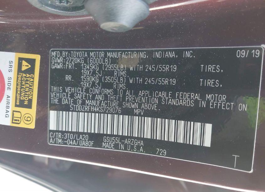 Photo 9 of 2019 Toyota Highlander LIMITED PLATINUM (VIN 5TDDZRFH4KS729076)