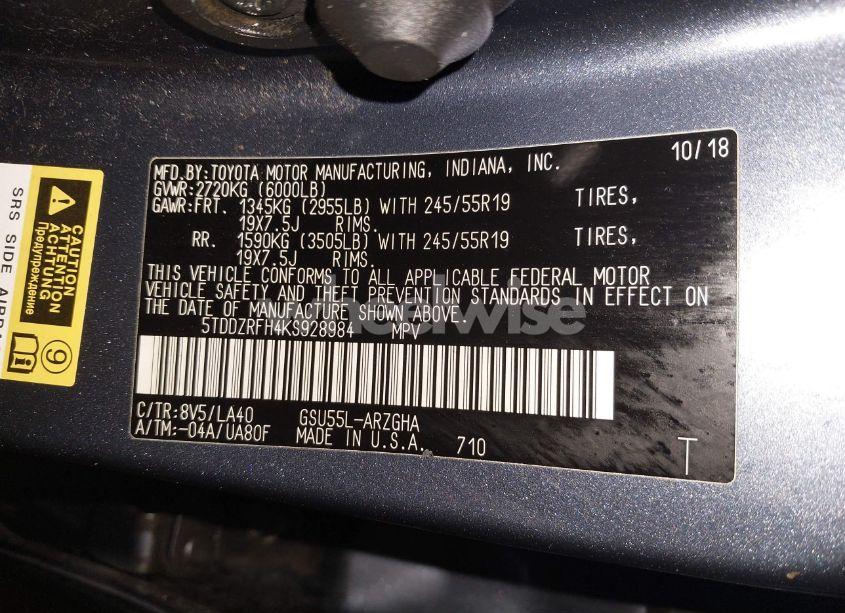 Photo 9 of 2019 Toyota Highlander LIMITED (VIN 5TDDZRFH4KS928984)