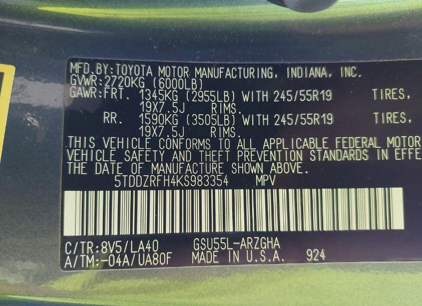 Photo 9 of 2019 Toyota Highlander LIMITED (VIN 5TDDZRFH4KS983354)