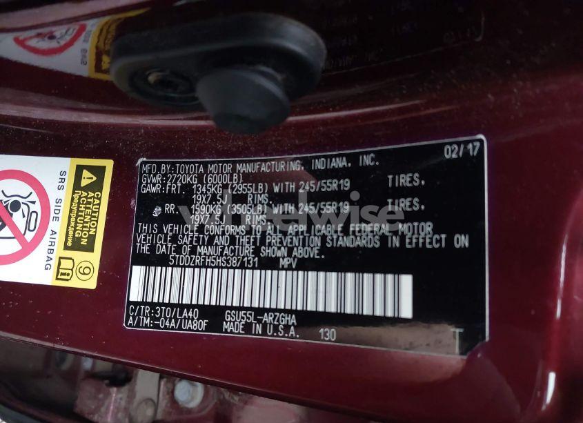 Photo 9 of 2017 Toyota Highlander LIMITED PLATINUM (VIN 5TDDZRFH5HS387131)