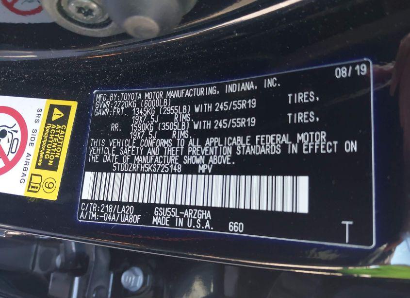 Photo 9 of 2019 Toyota Highlander LIMITED (VIN 5TDDZRFH5KS725148)