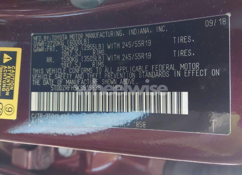 Photo 9 of 2019 Toyota Highlander LIMITED (VIN 5TDDZRFH5KS915838)