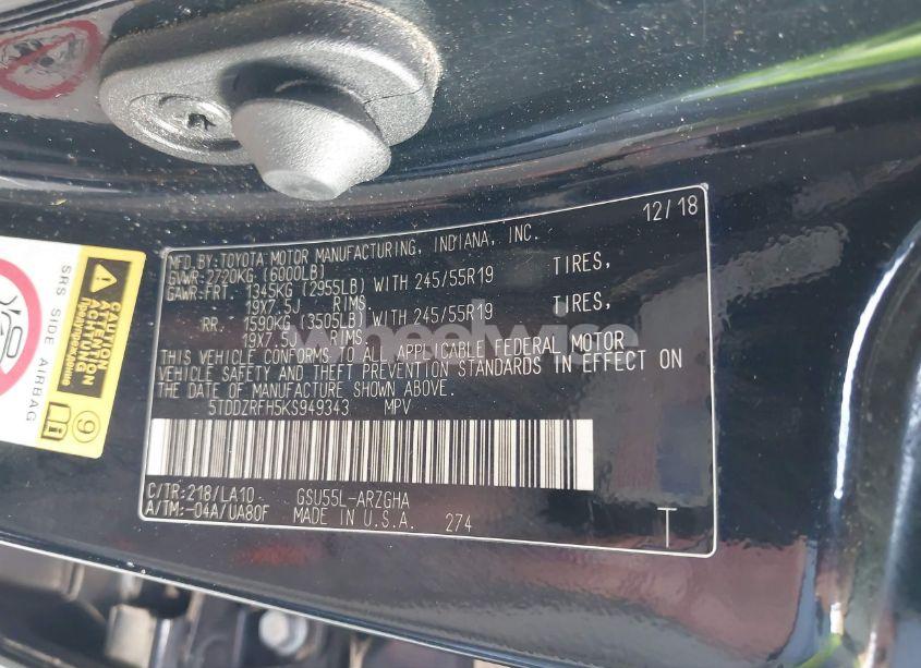 Photo 9 of 2019 Toyota Highlander LIMITED (VIN 5TDDZRFH5KS949343)