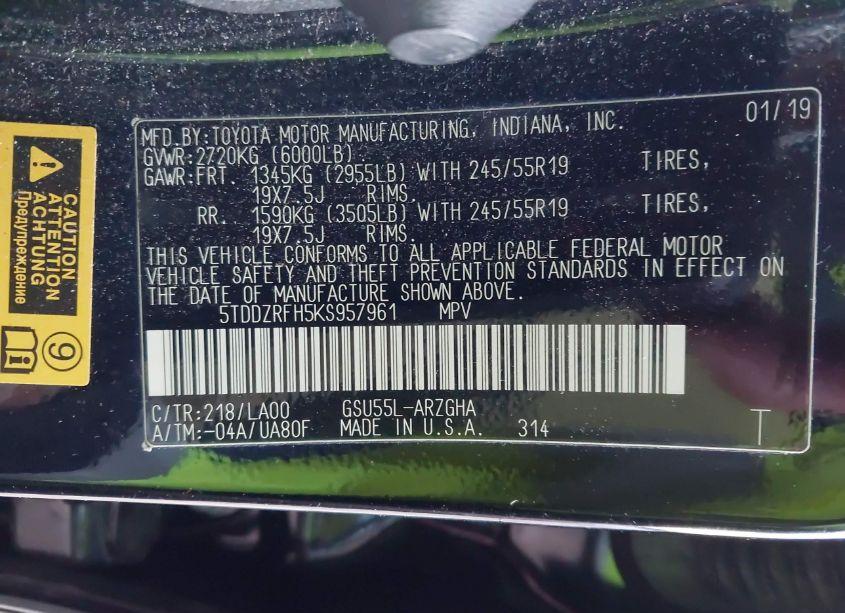 Photo 9 of 2019 Toyota Highlander LIMITED (VIN 5TDDZRFH5KS957961)