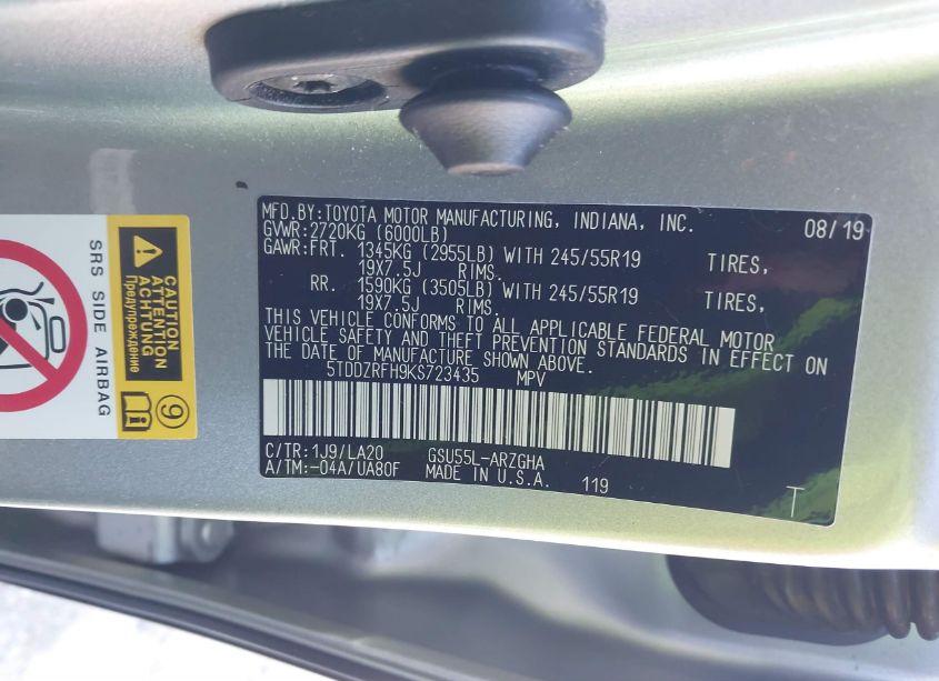 Photo 9 of 2019 Toyota Highlander LIMITED PLATINUM (VIN 5TDDZRFH9KS723435)