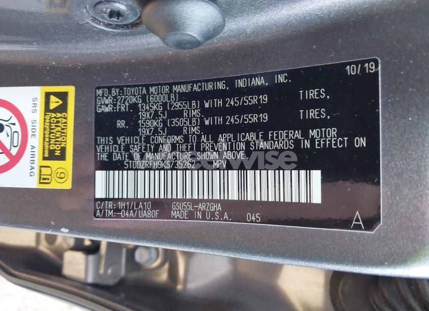 Photo 9 of 2019 Toyota Highlander LIMITED (VIN 5TDDZRFH9KS735262)