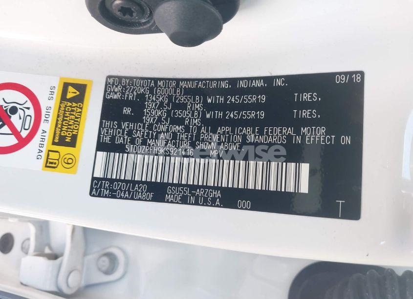 Photo 9 of 2019 Toyota Highlander LIMITED (VIN 5TDDZRFH9KS921416)