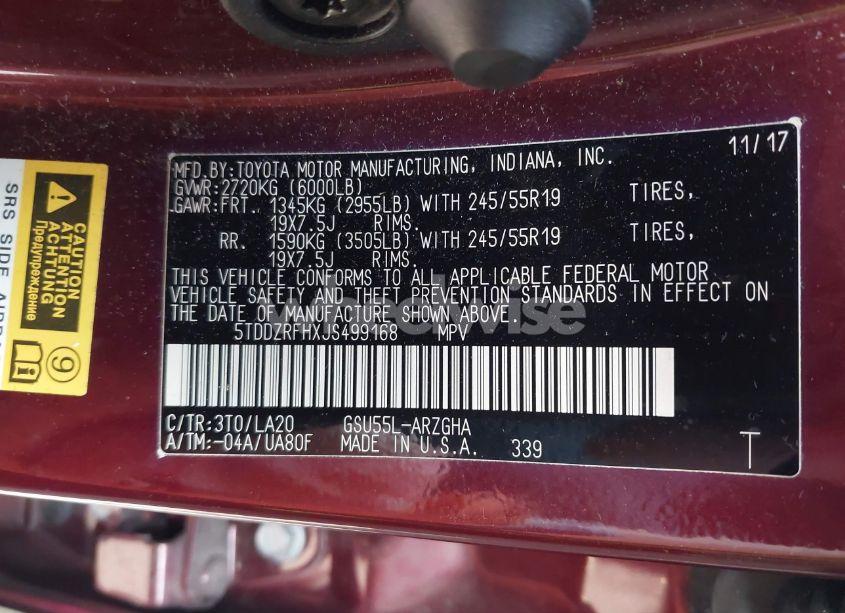 Photo 9 of 2018 Toyota Highlander LIMITED PLATINUM (VIN 5TDDZRFHXJS499168)