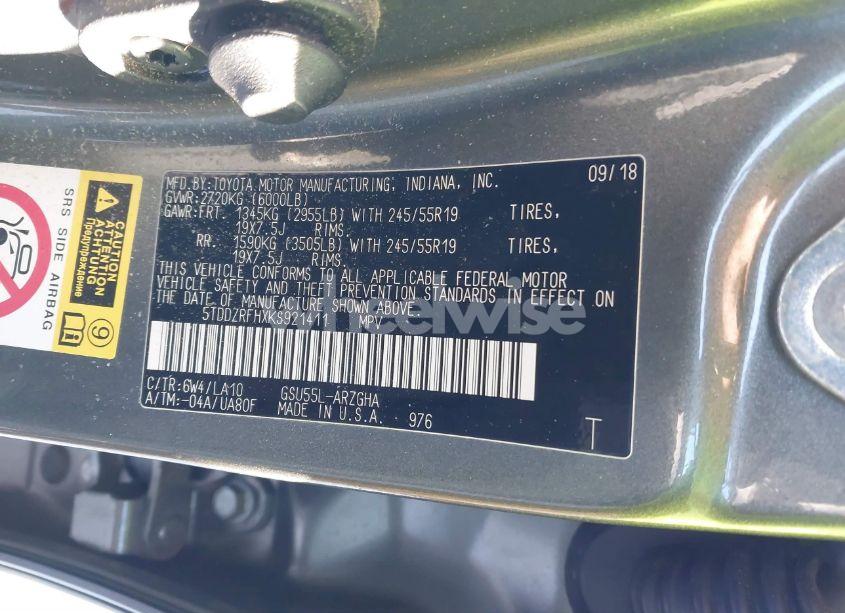 Photo 9 of 2019 Toyota Highlander LIMITED (VIN 5TDDZRFHXKS921411)
