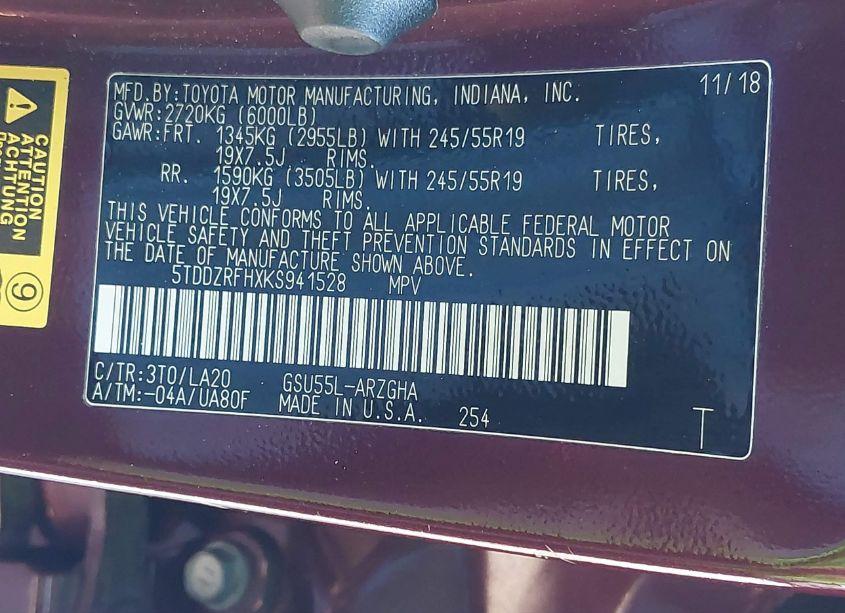 Photo 9 of 2019 Toyota Highlander LIMITED PLATINUM (VIN 5TDDZRFHXKS941528)