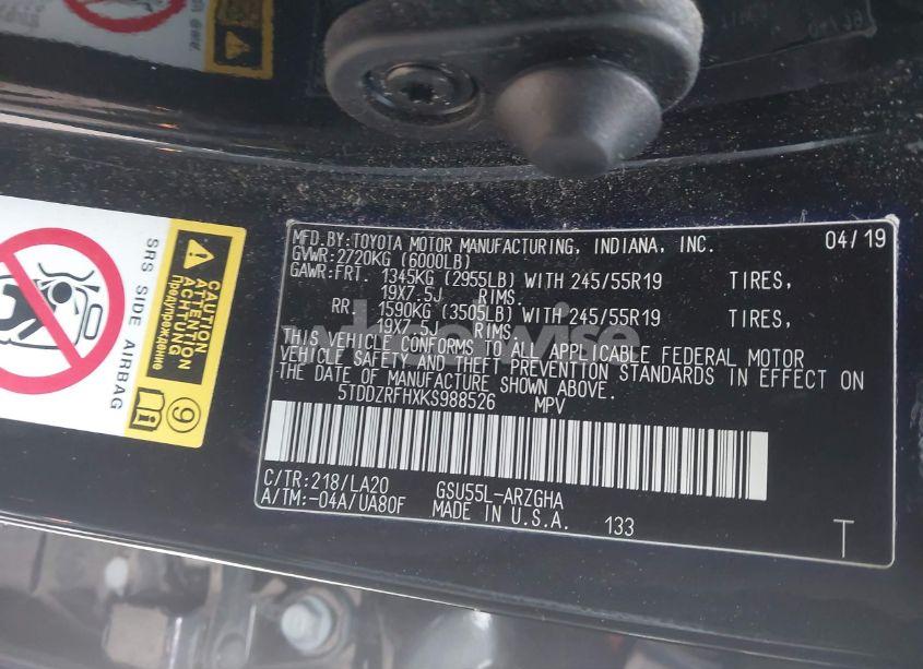 Photo 9 of 2019 Toyota Highlander LIMITED PLATINUM (VIN 5TDDZRFHXKS988526)