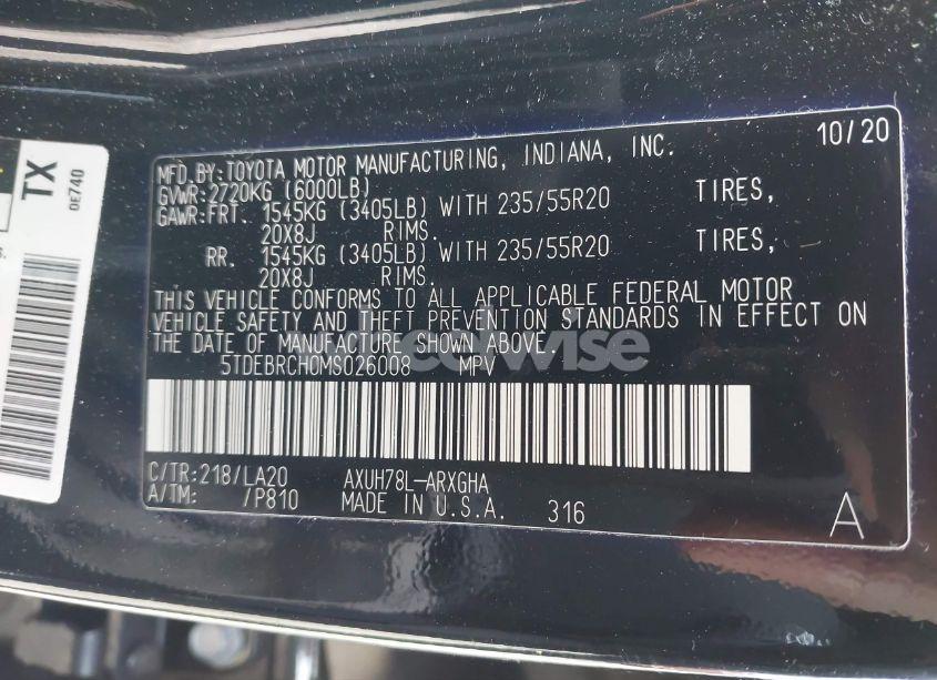 Photo 9 of 2021 Toyota Highlander HYBRID PLATINUM (VIN 5TDEBRCH0MS026008)