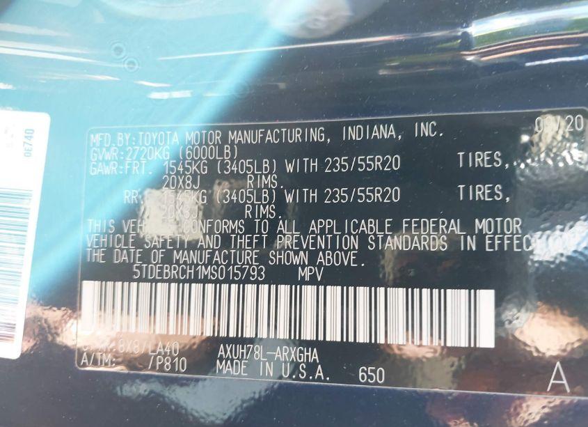 Photo 9 of 2021 Toyota Highlander HYBRID PLATINUM (VIN 5TDEBRCH1MS015793)