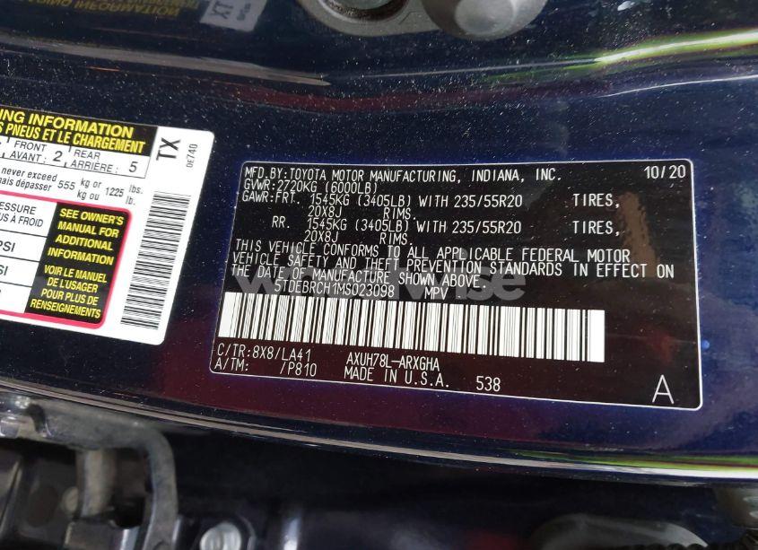 Photo 8 of 2021 Toyota Highlander HYBRID PLATINUM (VIN 5TDEBRCH1MS023098)