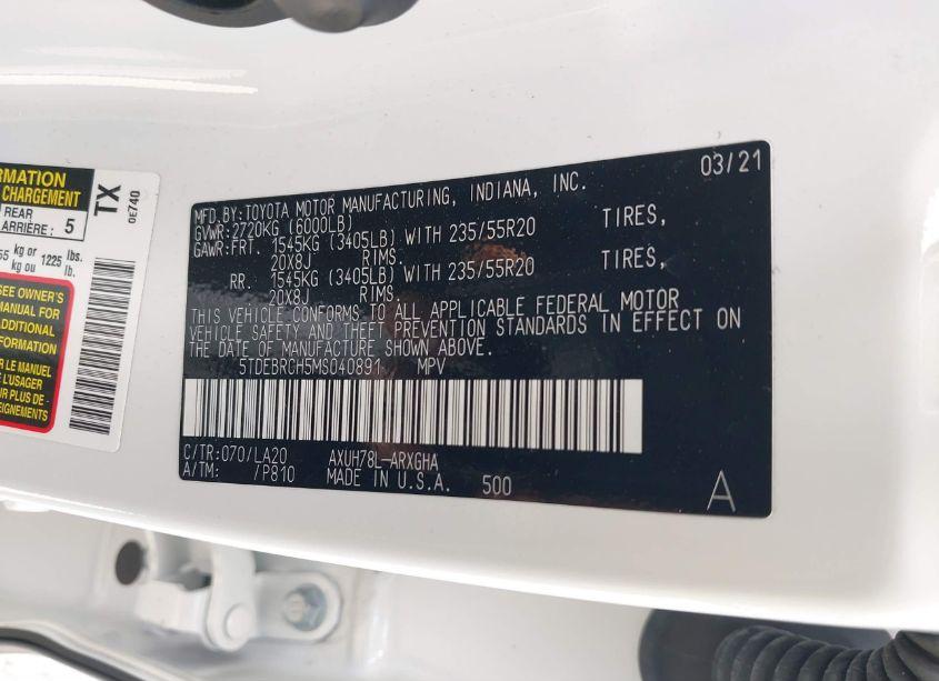 Photo 9 of 2021 Toyota Highlander HYBRID PLATINUM (VIN 5TDEBRCH5MS040891)